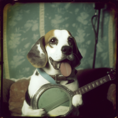 Julianboehm_prombt_photograph_of_a_Beagle_playing_Banjo_studio__245b7ff9-2c07-473f-9da9-0cc2ce42b2ec